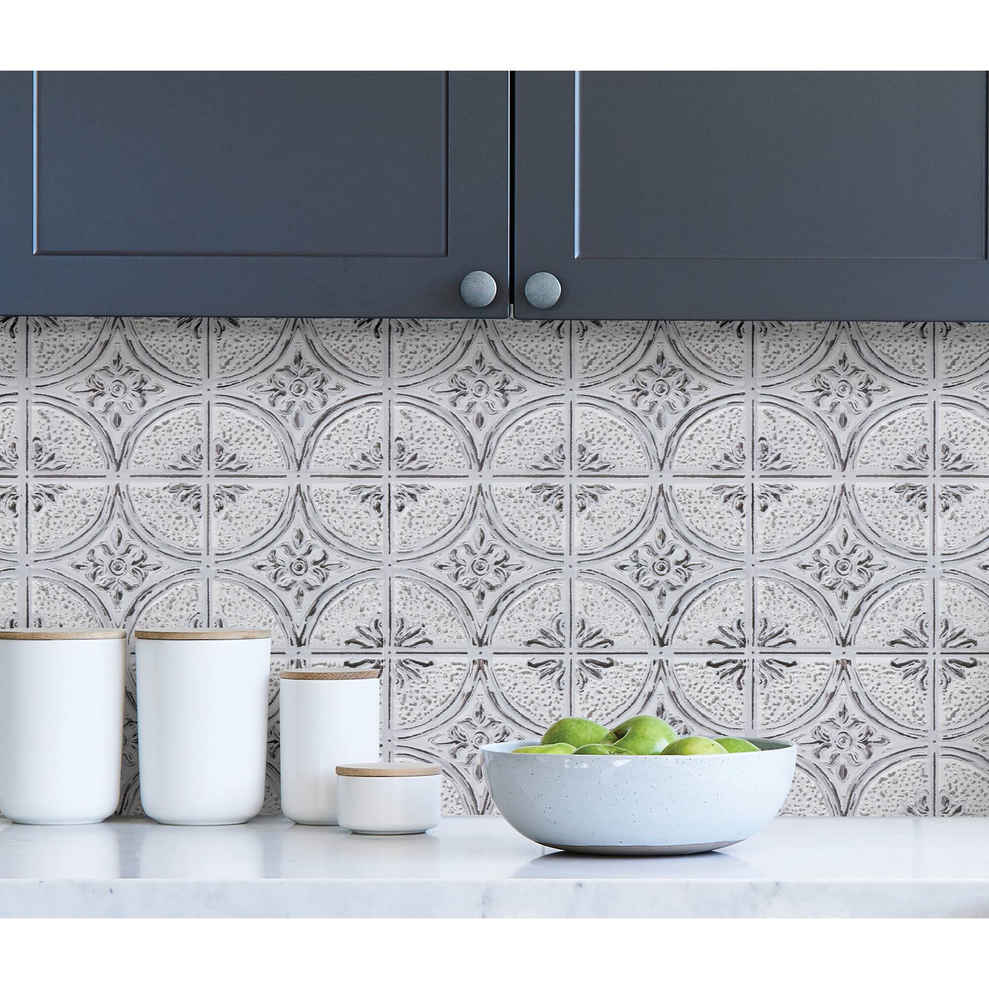 InHome Camden Antique White Faux Tin Peel & Stick Backsplash Tiles